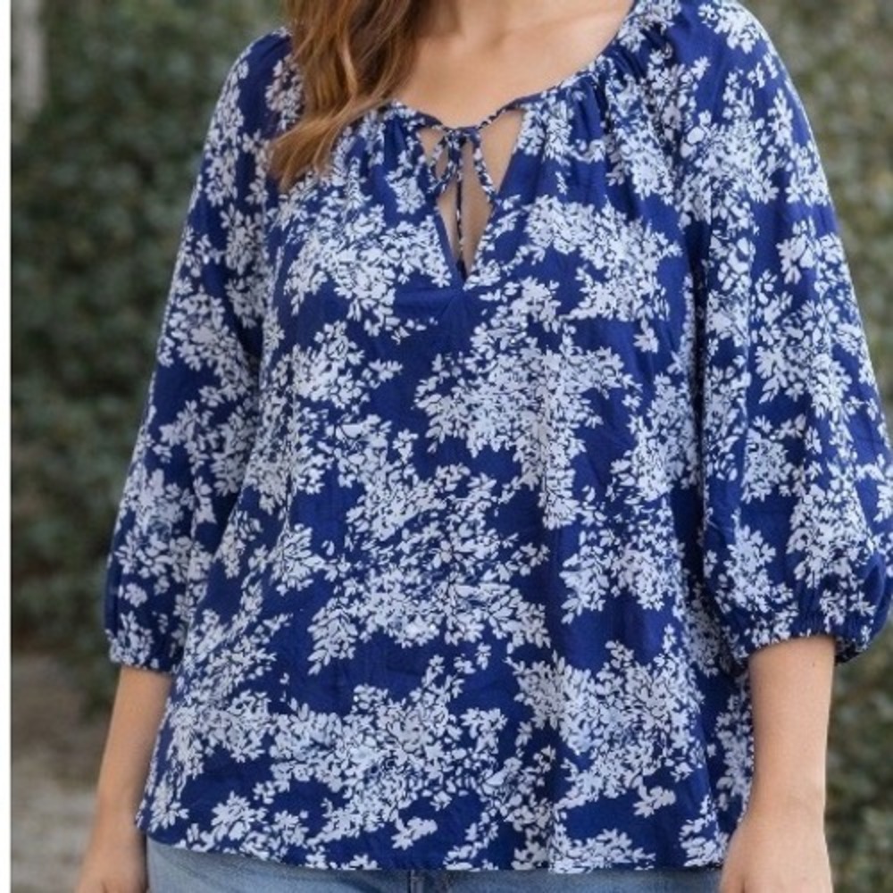 Abercrombie Fitch Size Xl Women Jade Blue White Floral Print 3/4 Sleeve Boho‎
